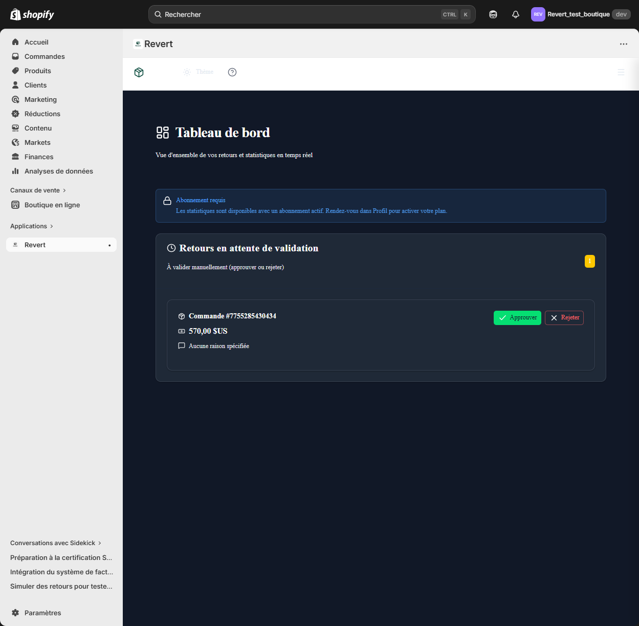 Dashboard Revert — mode sombre